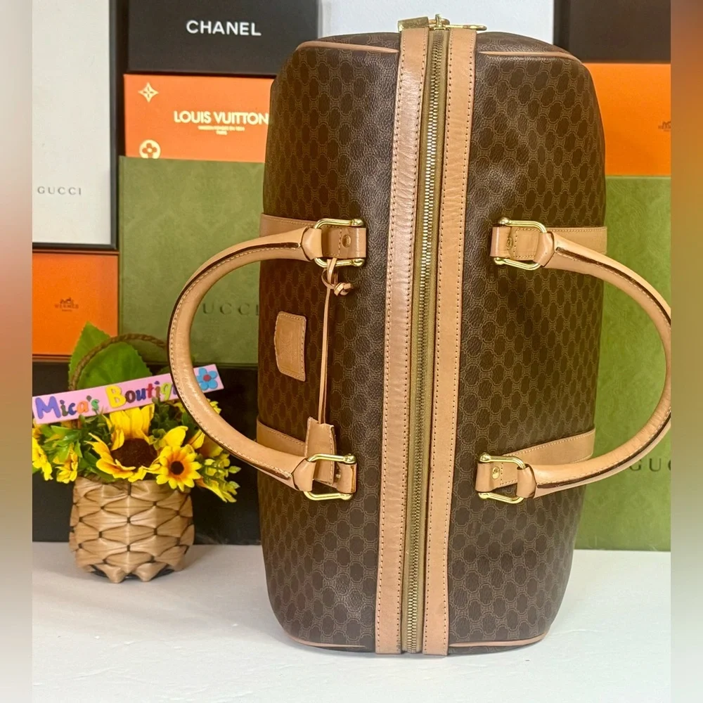 Auth CÈLINE Preowned EUC Tan and Brown Macadam Patterned Boston Bag with🔐